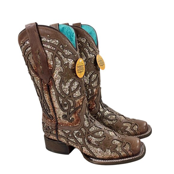 Corral Orix Glittered Inlay and Studs Weatern Boots Womens Size 6.5 M Square Toe - Picture 1 of 14